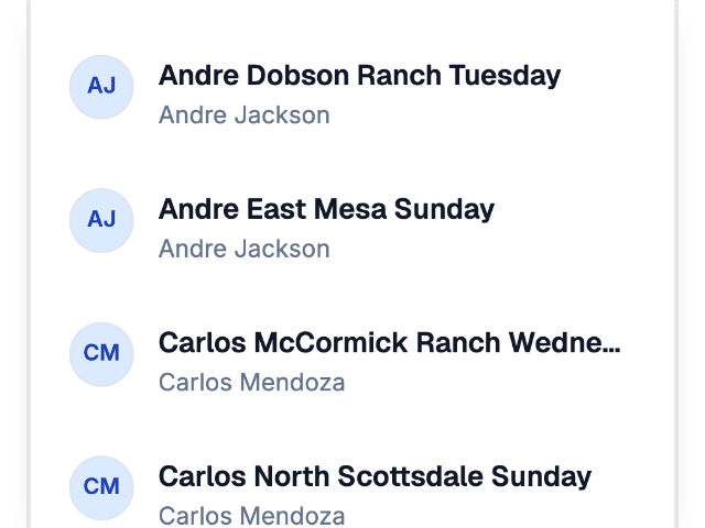 Weekly routes list with a route sheet for each technician and service day, such as Andre Dobson Ranch Tuesday.